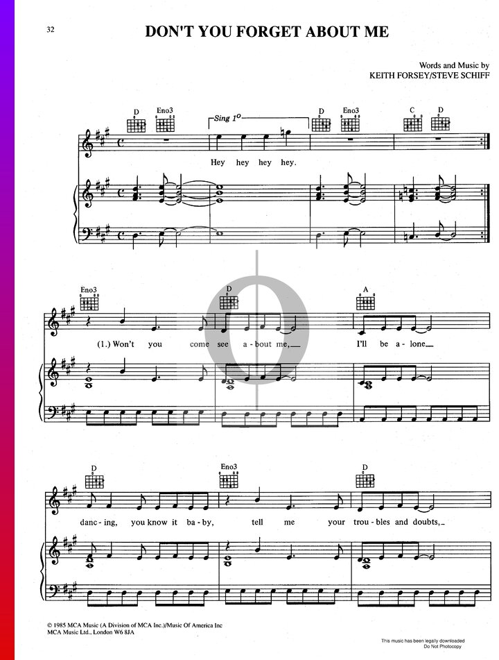 Don T You Forget About Me Simple Minds Piano Sheet Music Oktav