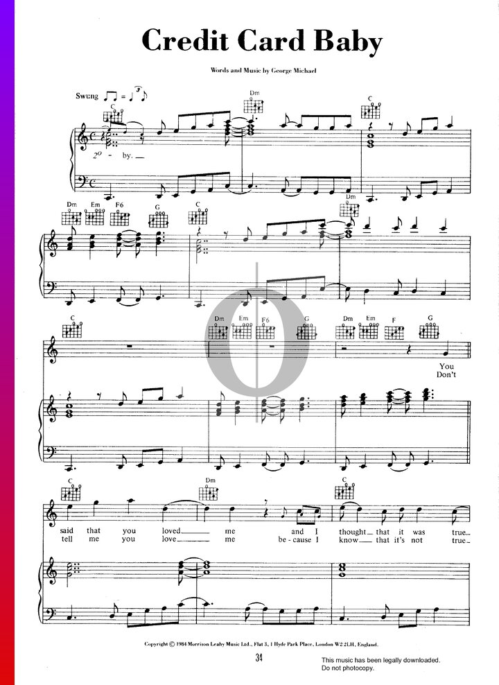 Credit Card Baby Wham Piano Sheet Music OKTAV