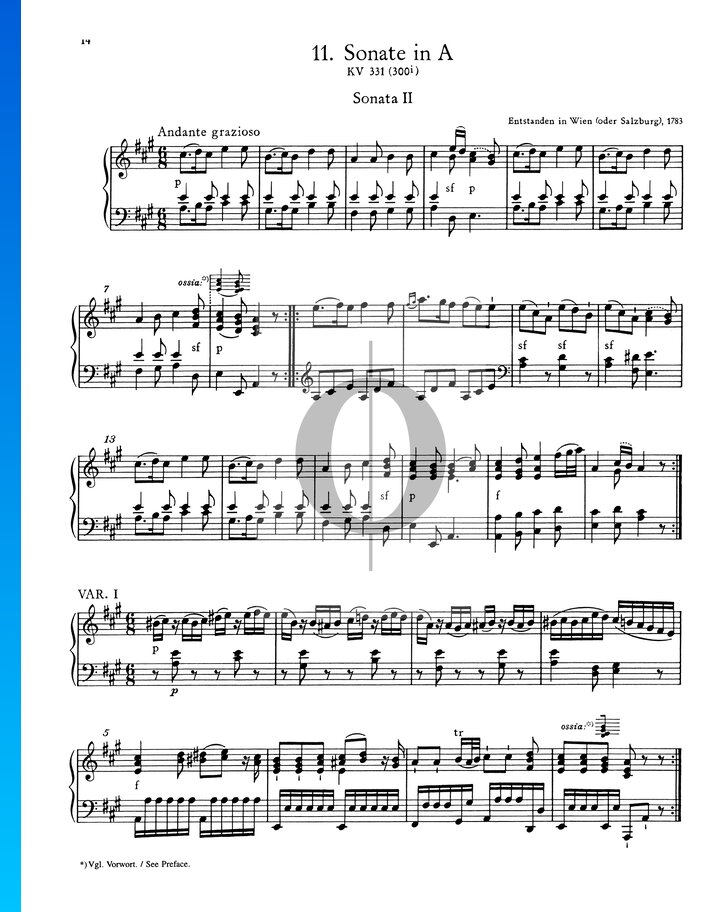 Sonate Pour Piano No 11 La Majeur KV 331 300i 1 Andante Grazioso