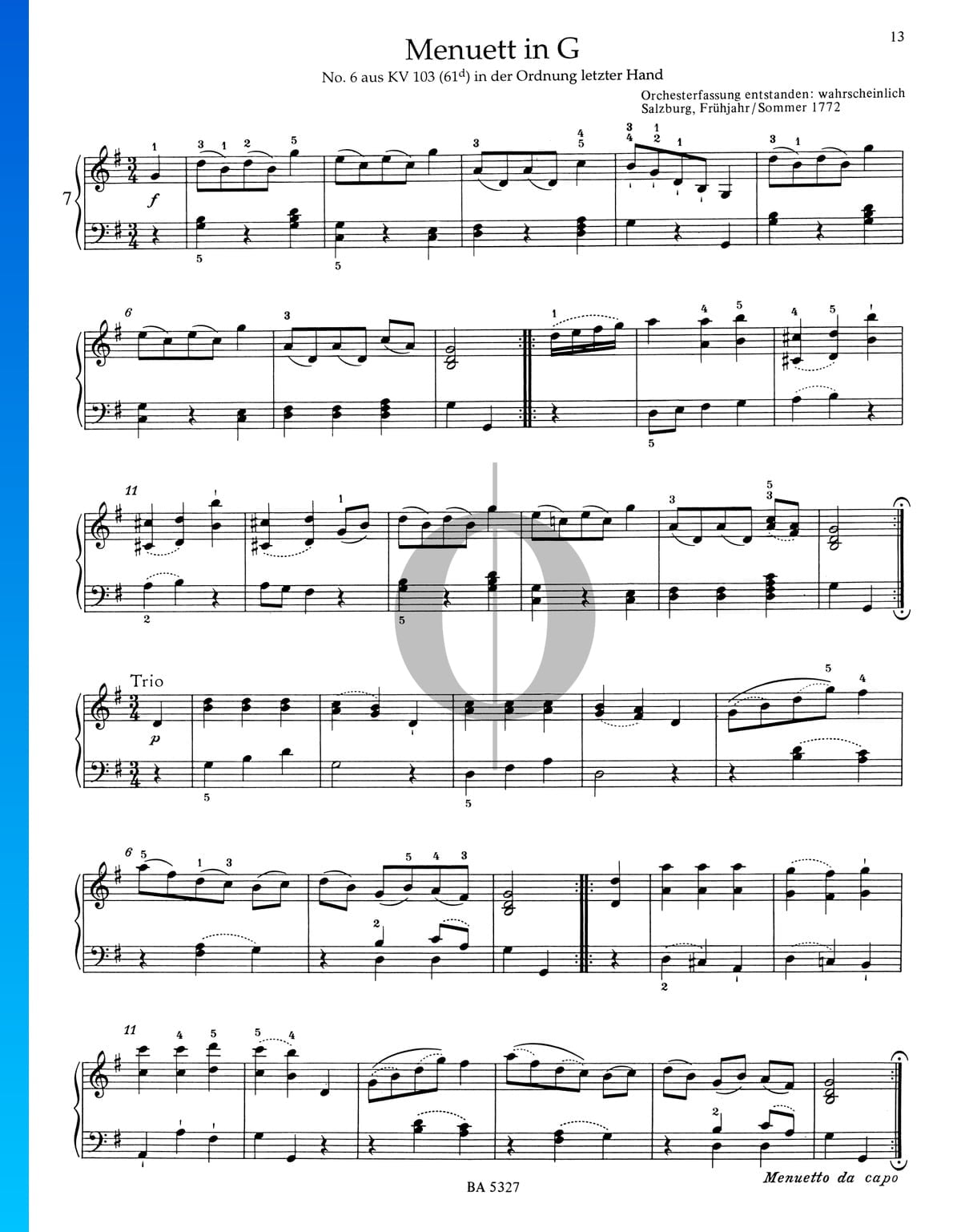 Minueto en sol mayor KV 103 61d n º 6 Partitura Wolfgang Amadeus