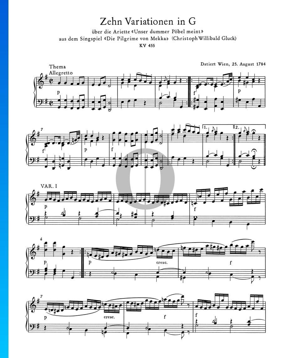 10 Variations In G Major KV 455 Wolfgang Amadeus Mozart Piano Sheet