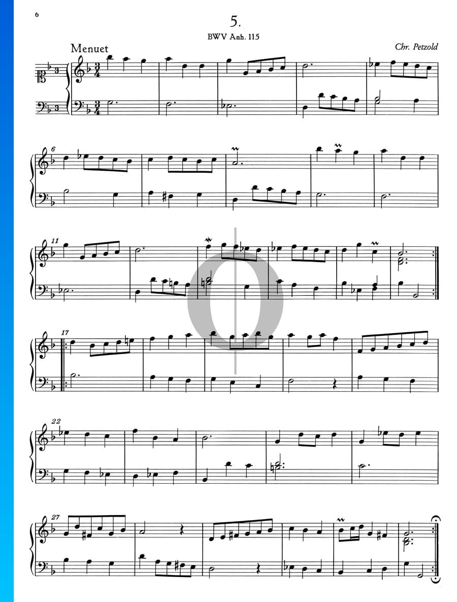 Menuet G Minor BWV Anh 115 Christian Petzold Piano Sheet Music OKTAV