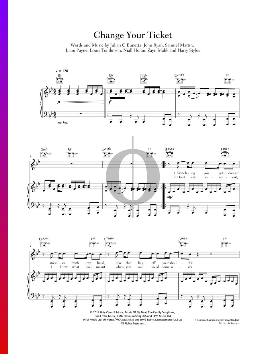 Change Your Ticket One Direction Piano Sheet Music Oktav