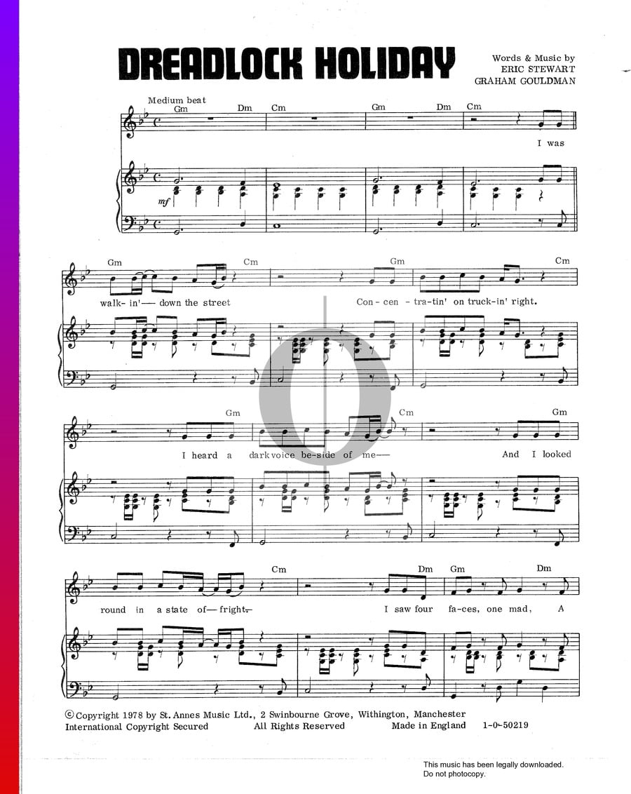 Dreadlock Holiday Sheet Music Piano Voice Oktav