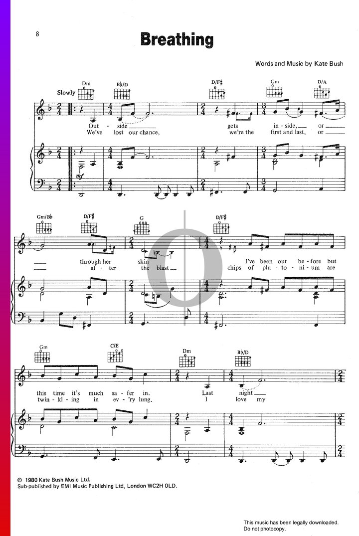 Breathing Kate Bush Piano Sheet Music OKTAV