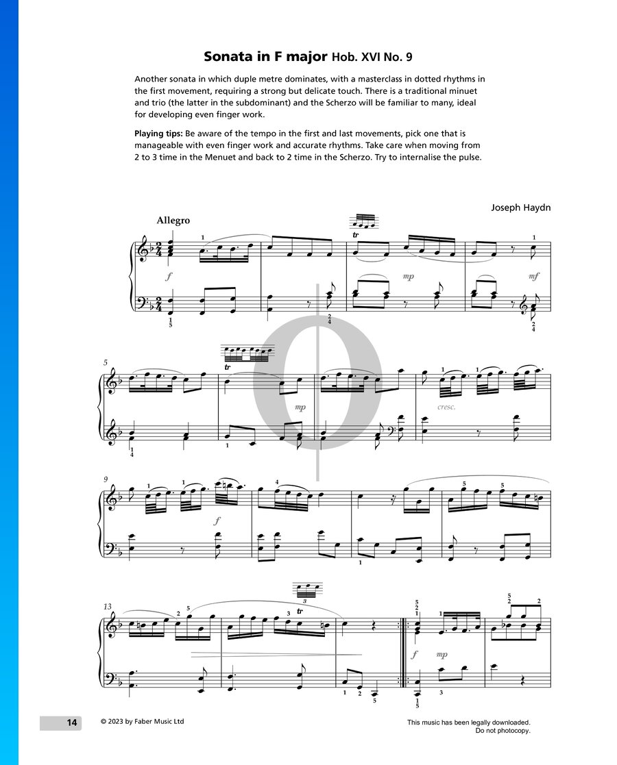 Sonata In F Major Hob XVI 9 Franz Joseph Haydn Piano Sheet Music