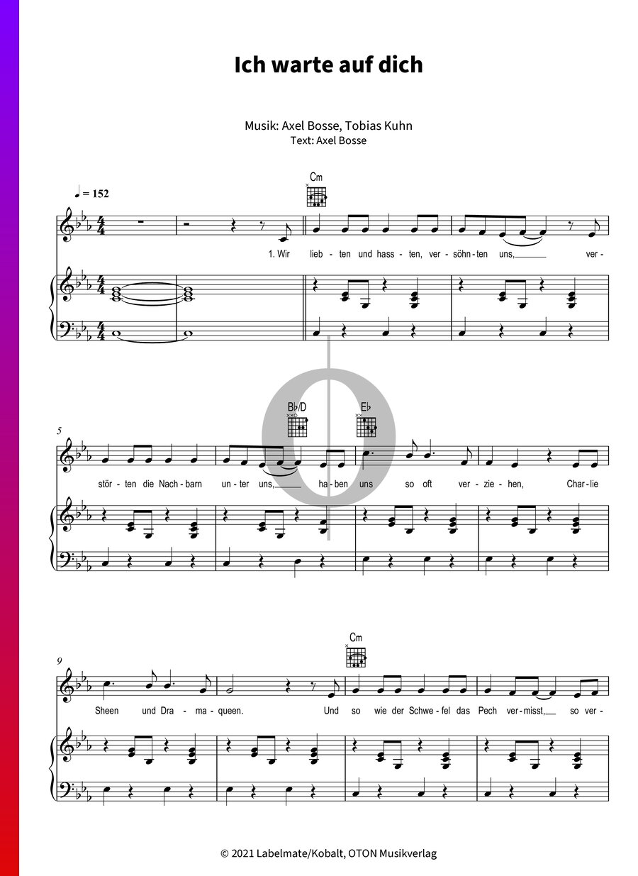 Ich Warte Auf Dich Bosse Piano Sheet Music Oktav