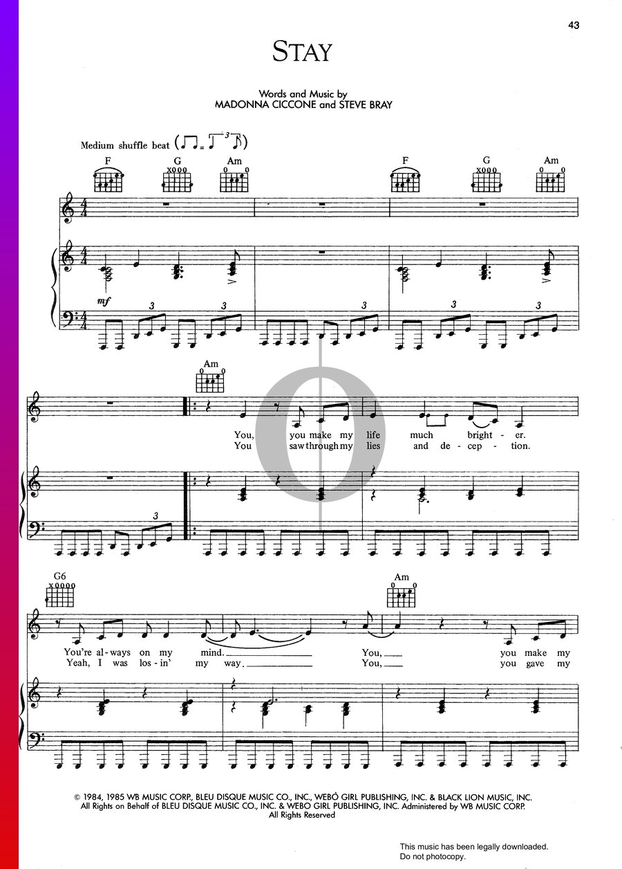 Stay Madonna Piano Sheet Music OKTAV