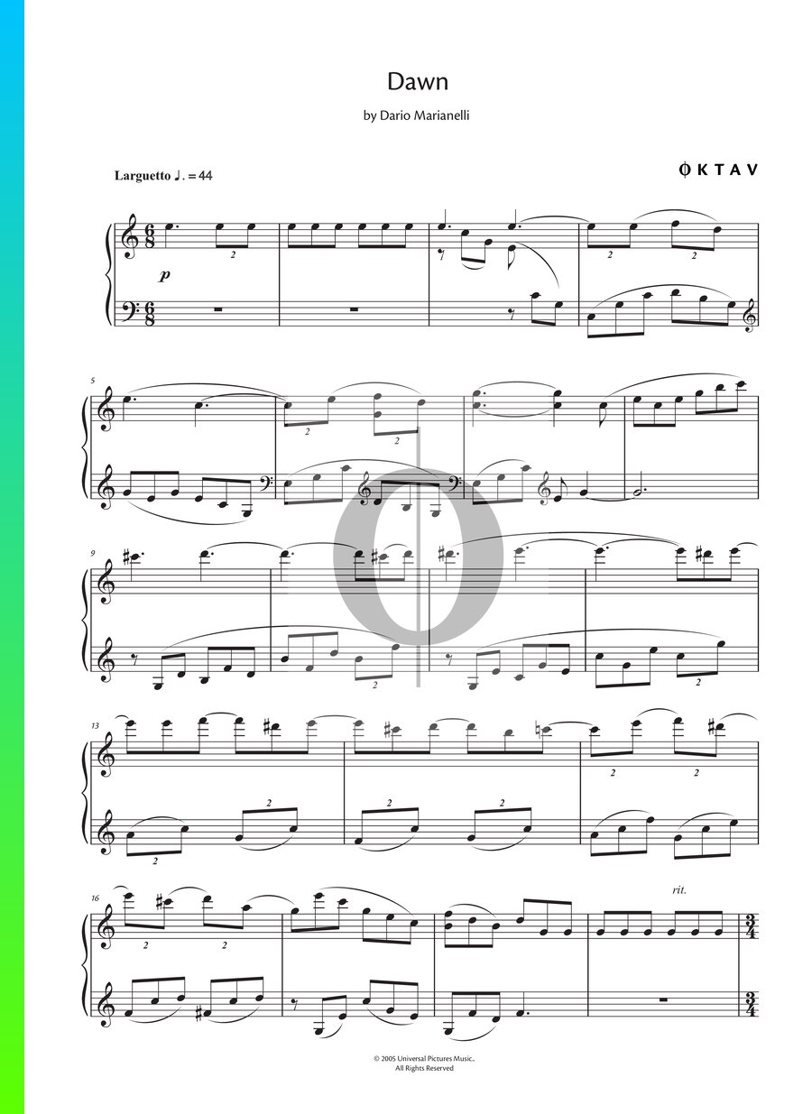 Dawn Partitura de Pride &amp; Prejudice (Piano Solo) - OKTAV