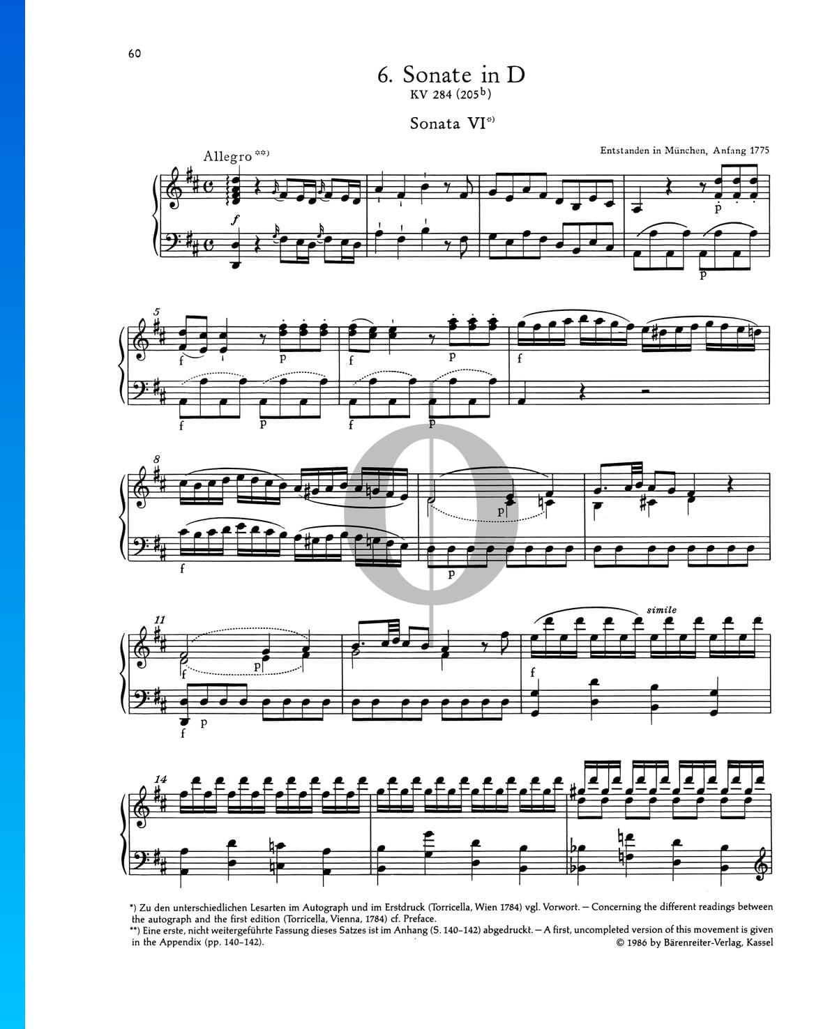 ▷ Piano Sonata No. 6 D Major, KV 284 (205b): 1. Allegro Sheet Music (Piano  Solo) - PDF Download  Streaming - OKTAV
