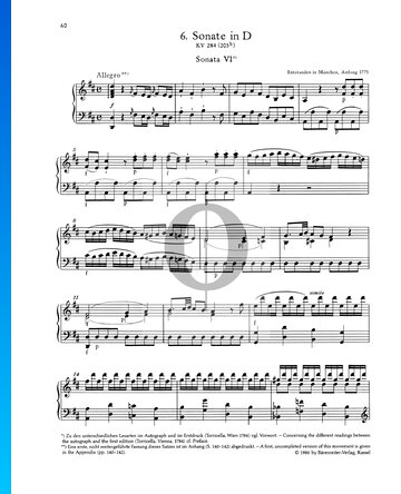 Piano Sonata No. 6 D Major, KV 284 (205b): 1. Allegro Sheet Music