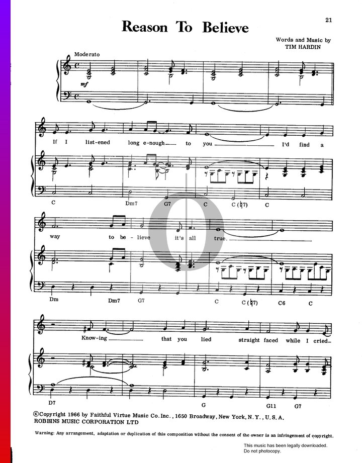 Reason To Believe (Tim Hardin) Piano Sheet Music - OKTAV