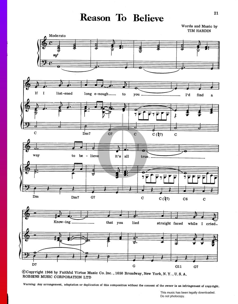 Reason To Believe (Tim Hardin) Piano Sheet Music - OKTAV