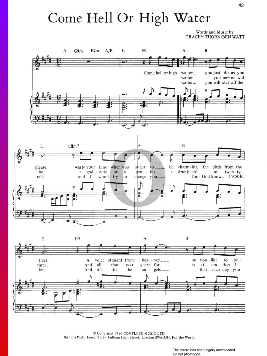 Come Hell Or High Water (Everything but the Girl) Piano