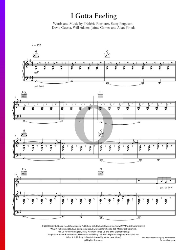 I Gotta Feeling door David Guetta, The Black Eyed Peas piano