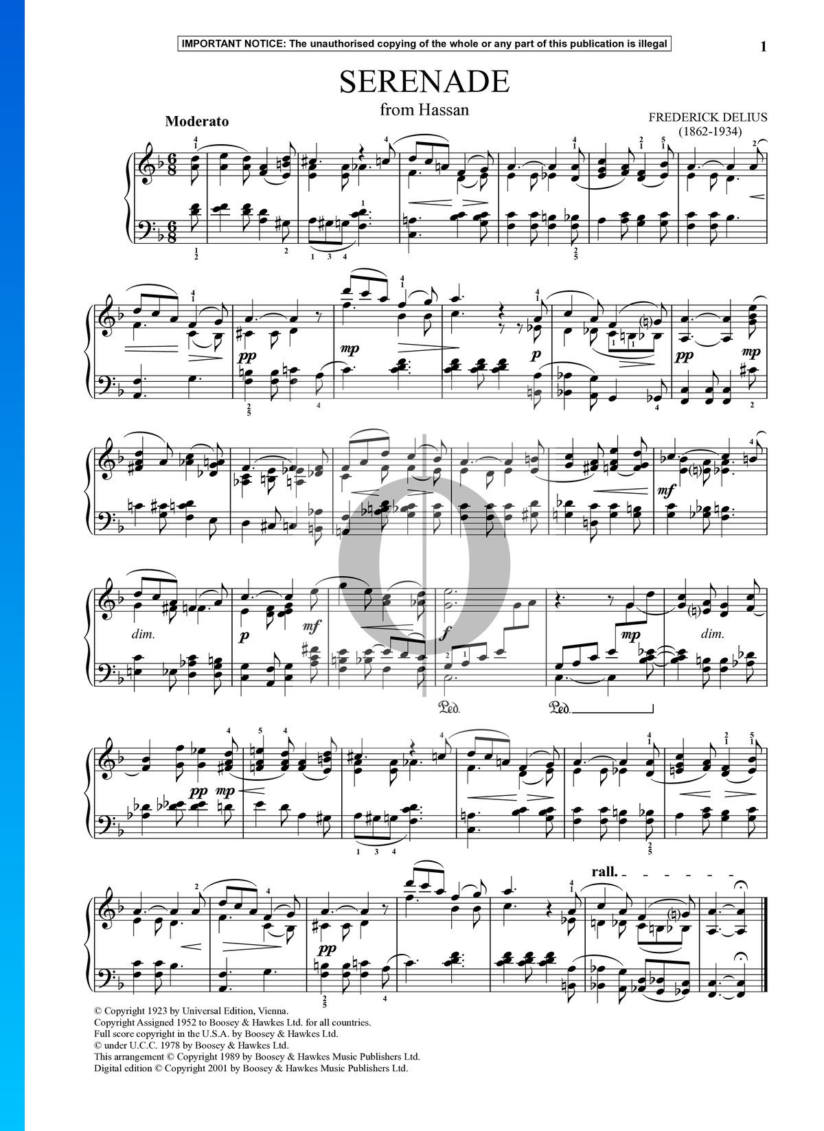 Serenade Frederick Delius Piano Sheet Music Oktav 0501