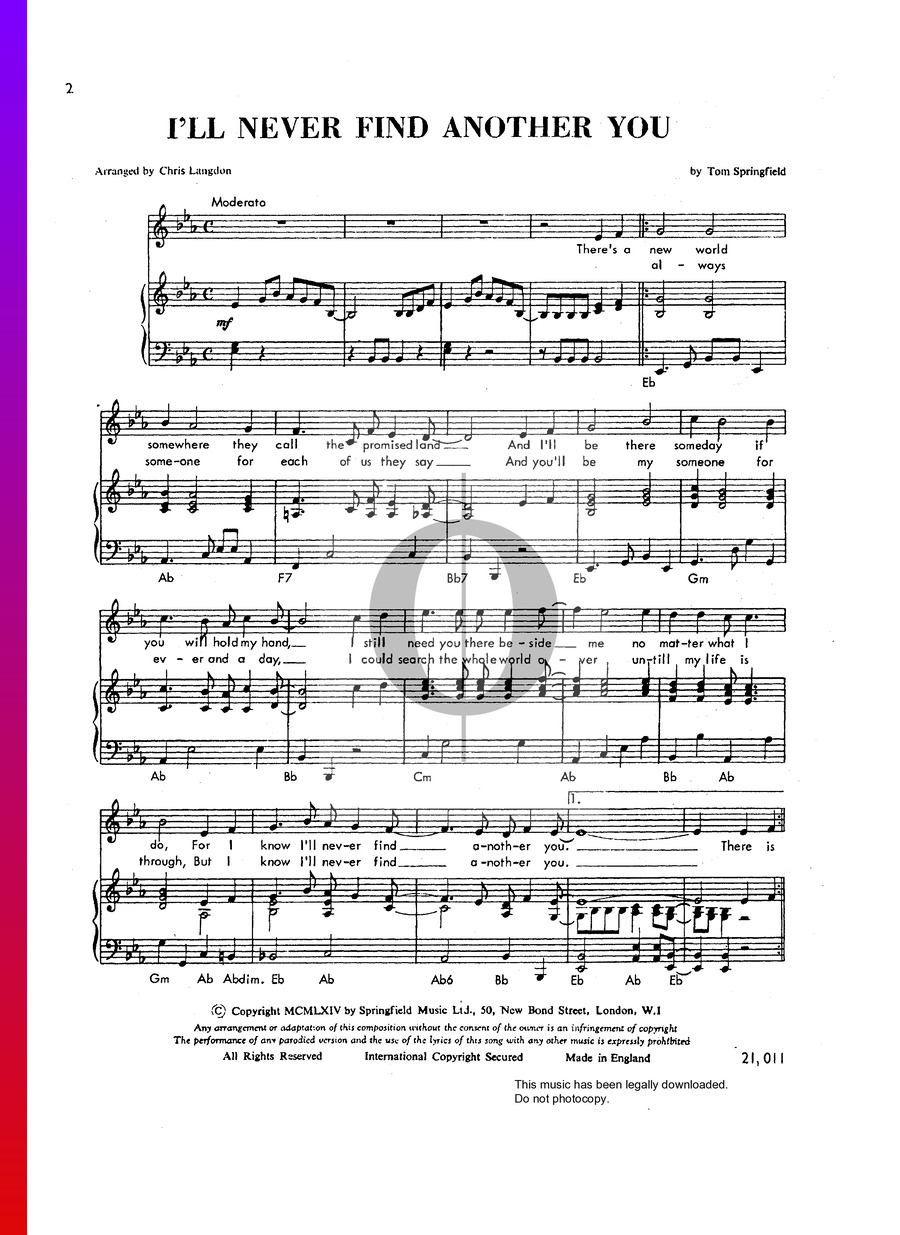 I'll Never Find Another You Sheet Music (Piano, Voice) OKTAV I'll Never Find Another You Sheet Music (Piano, Voice) OKTAV