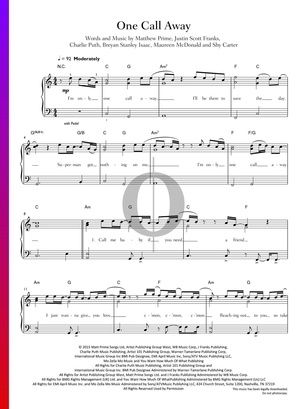 ▷ One Call Away Sheet Music (Piano, Voice) | Pdf Download - Oktav