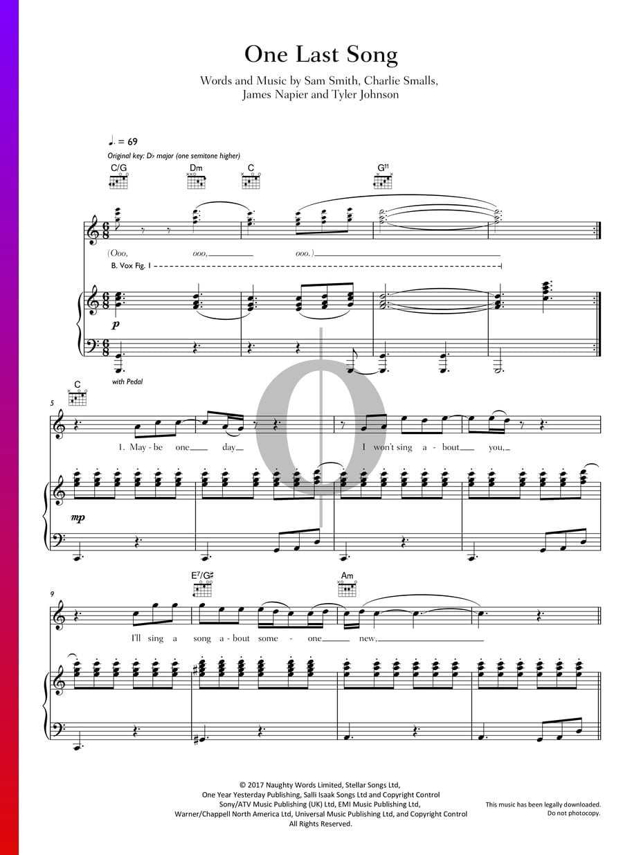 One Last Song Sheet Music (Piano, Voice, Guitar) OKTAV