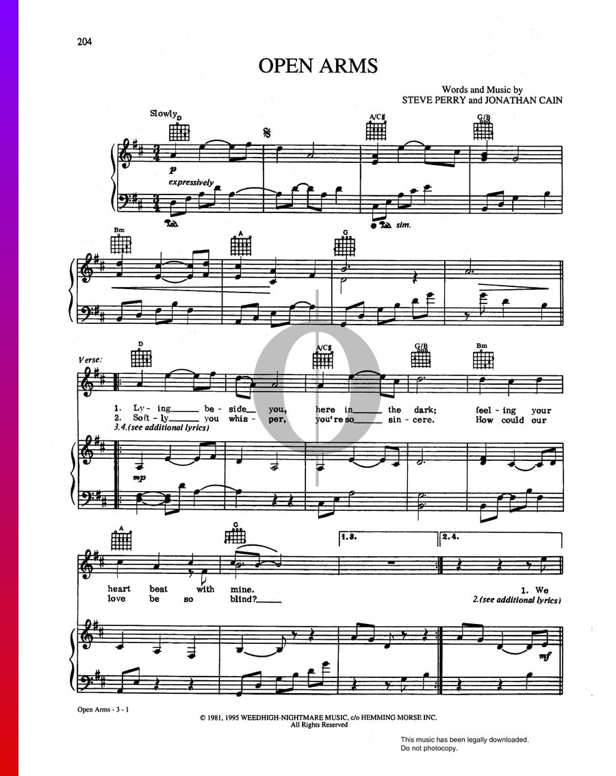 Open Arms (Journey) Piano Sheet Music OKTAV