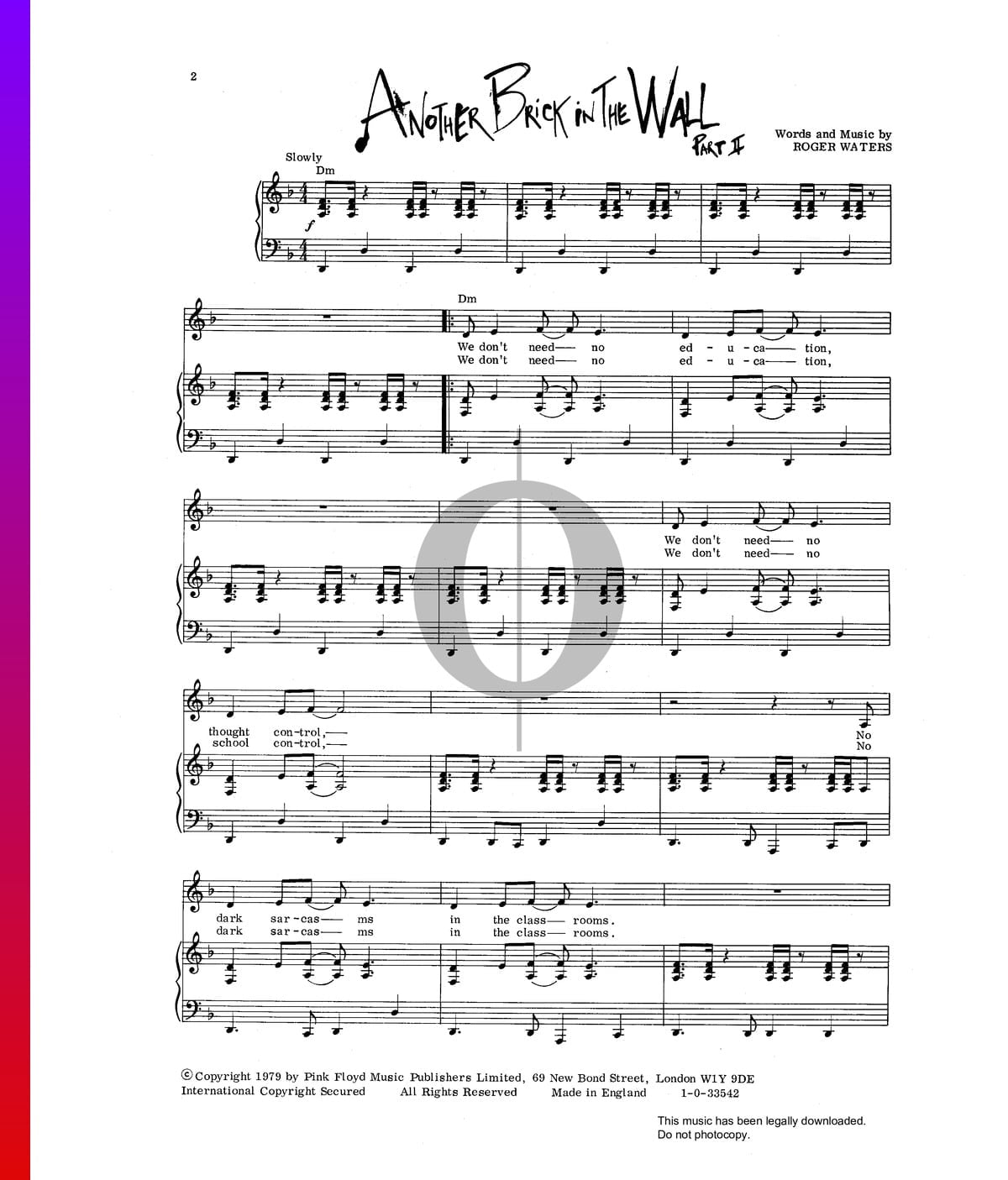 Another Brick In The Wall Sheet Music Piano Voice Pdf Download Streaming Oktav