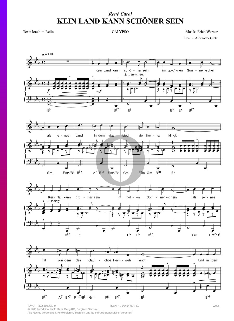 Kein Schöner Land Text Pdf Kein Land kann schöner sein (René Carol) Piano Sheet Music - OKTAV