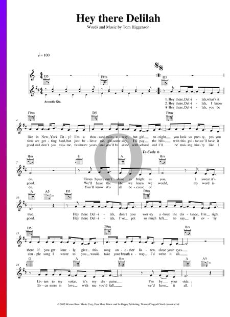 Hey There Delilah Sheet Music