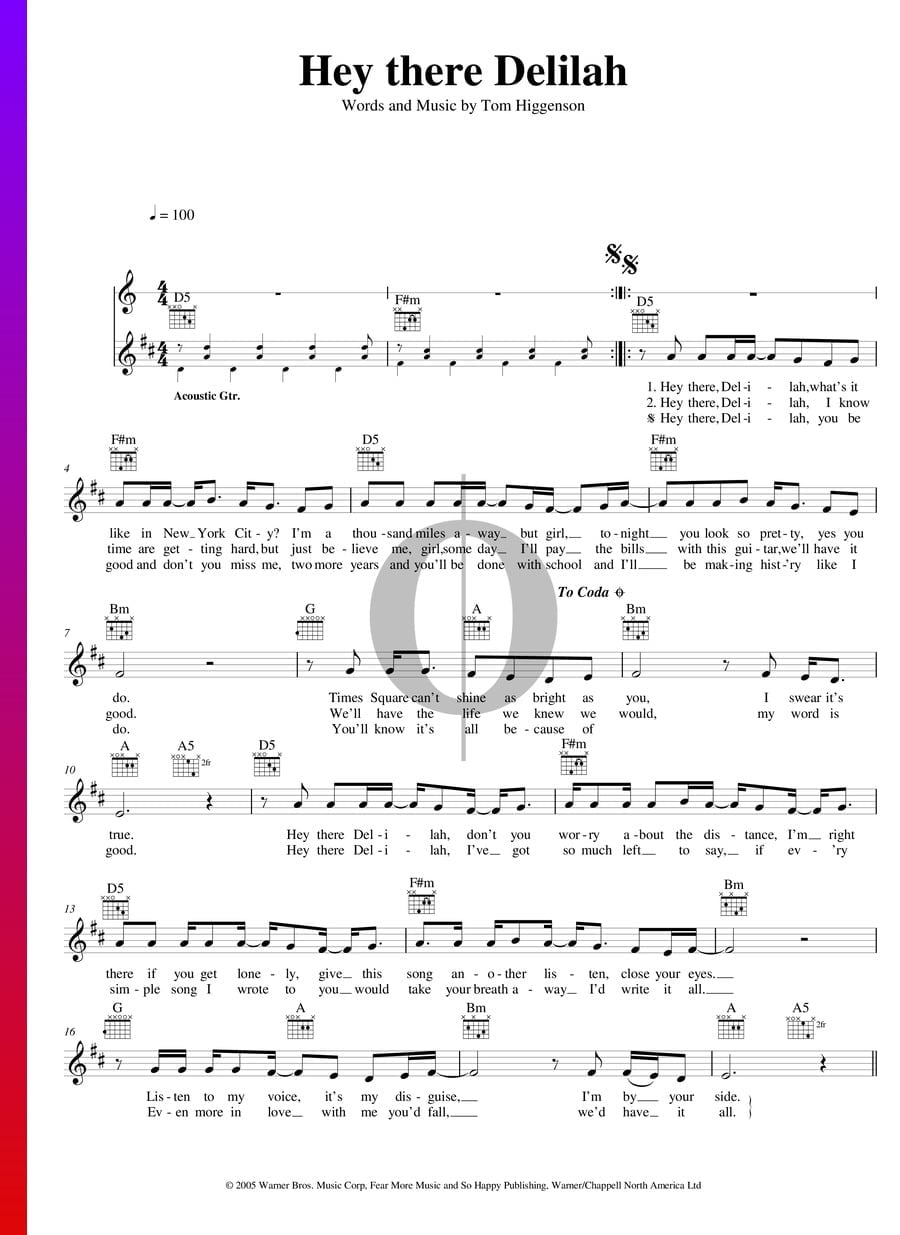 Hey There Delilah Plain White T’s Piano Sheet Music Oktav