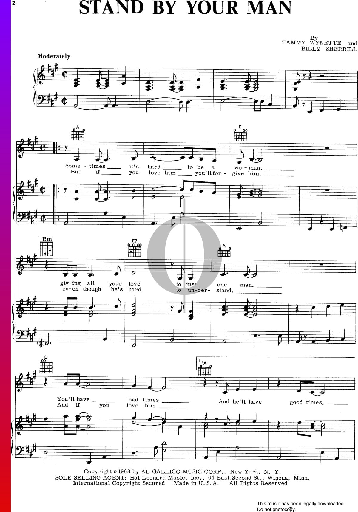 "Stand By Your Man" Noten (Klavier, Gesang, Gitarre) von Tammy