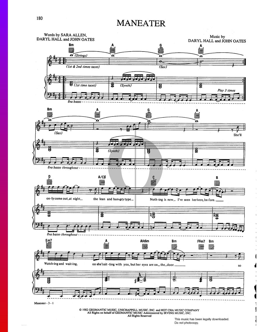 Maneater (Daryl Hall & John Oates) Piano Sheet Music - OKTAV