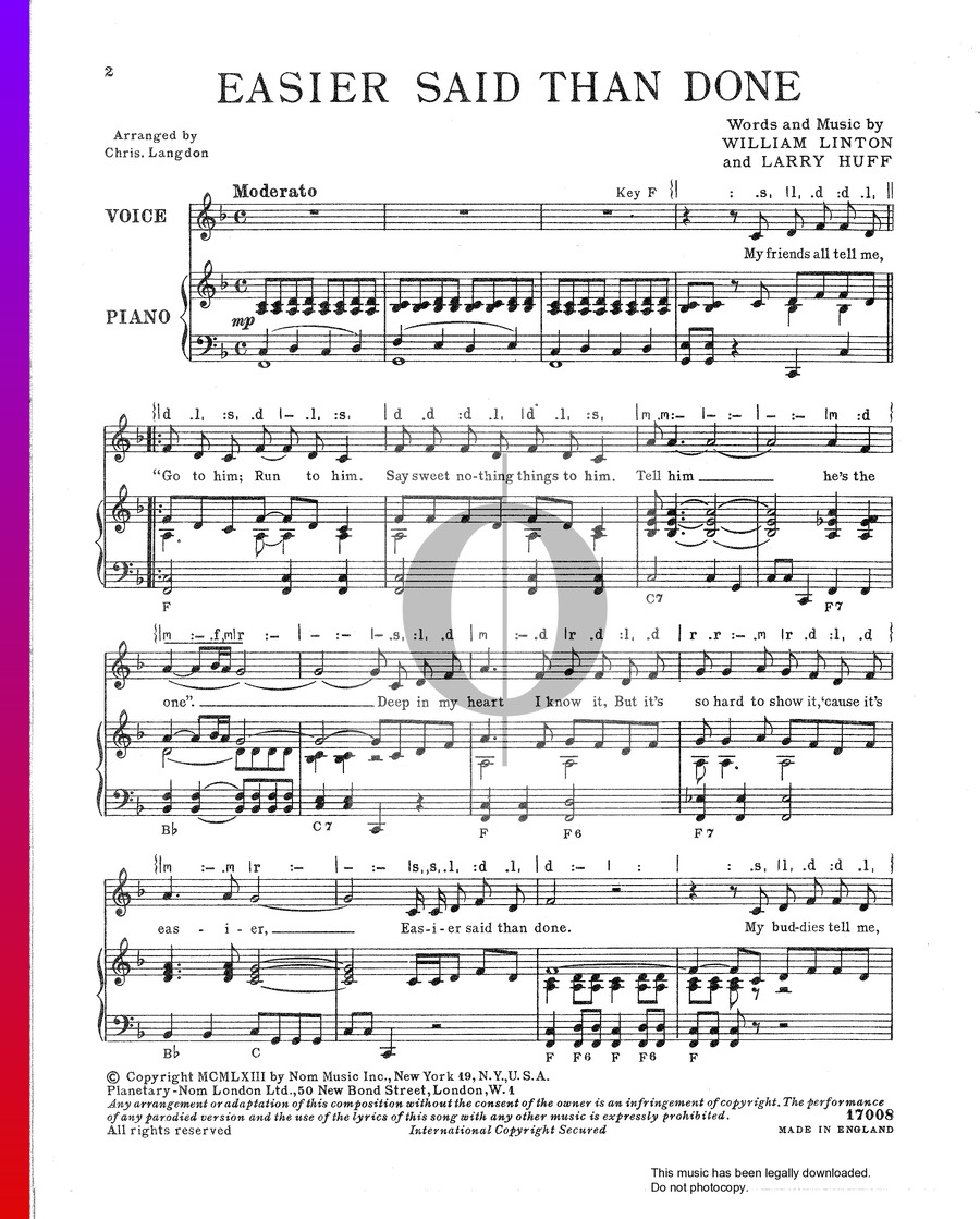 Easier Said Than Done (The Essex) Piano Sheet Music - OKTAV