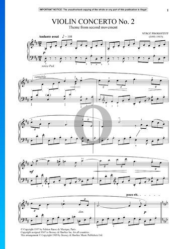 Partition Concerto pour violon n° 2 en Sol mineur, op. 63 : 2. Andante assai (Thème)