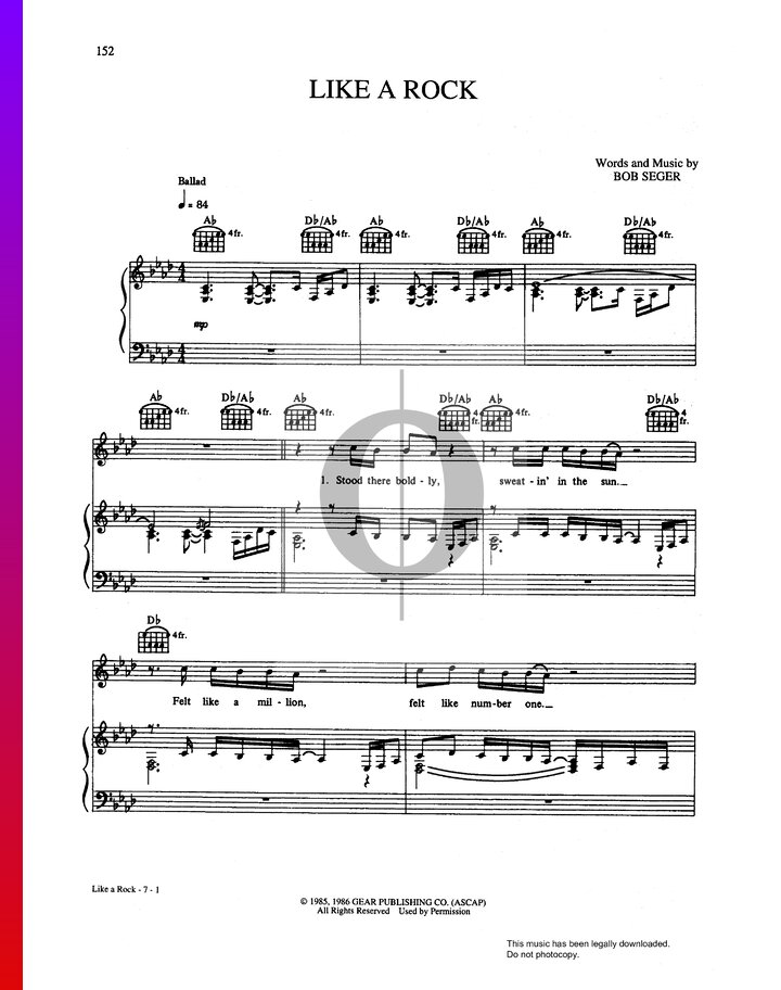 Like A Rock (Bob Seger &amp; The Silver Bullet Band) Piano Sheet Music - OKTAV