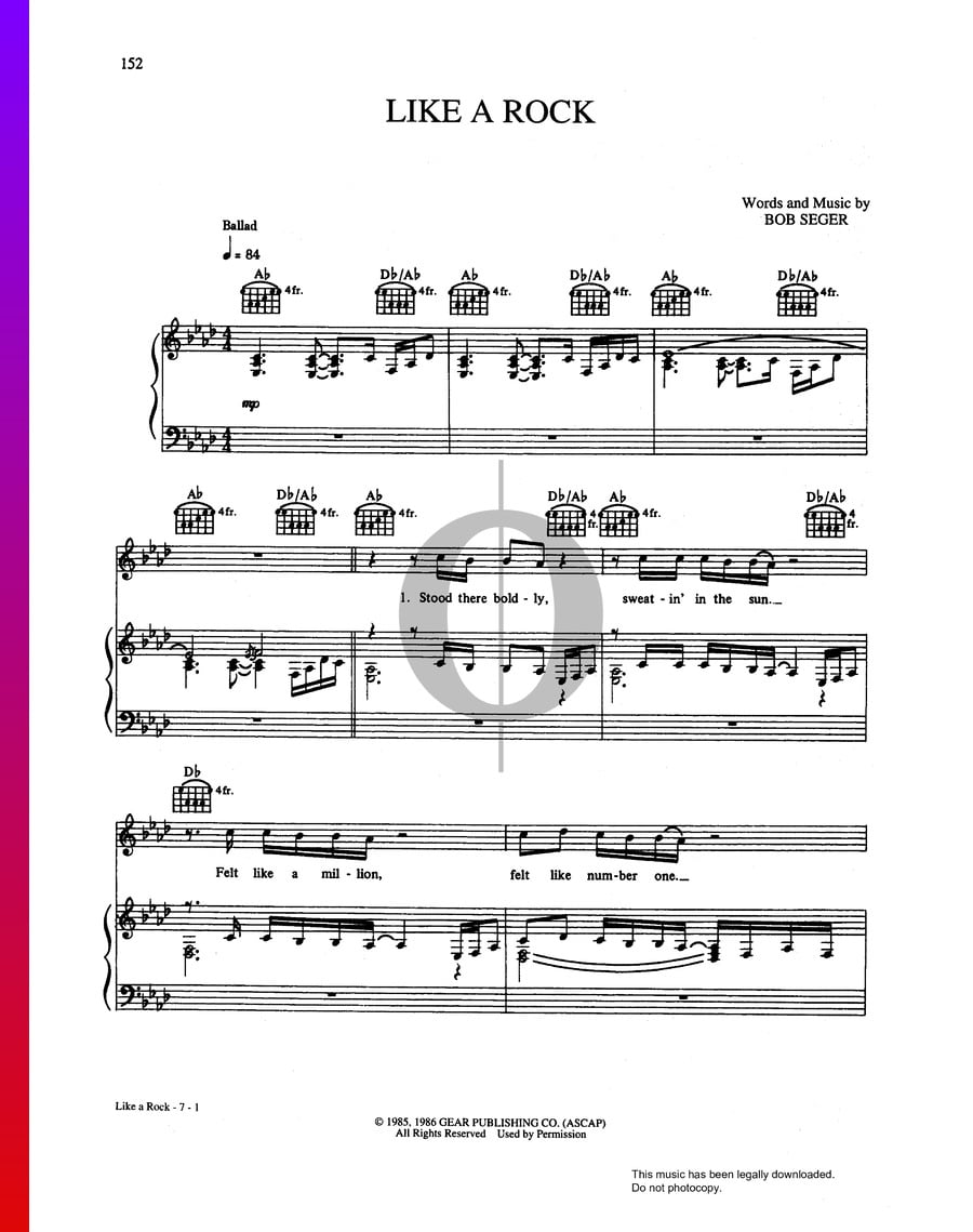 Like A Rock (Bob Seger &amp; The Silver Bullet Band) Piano Sheet Music - OKTAV