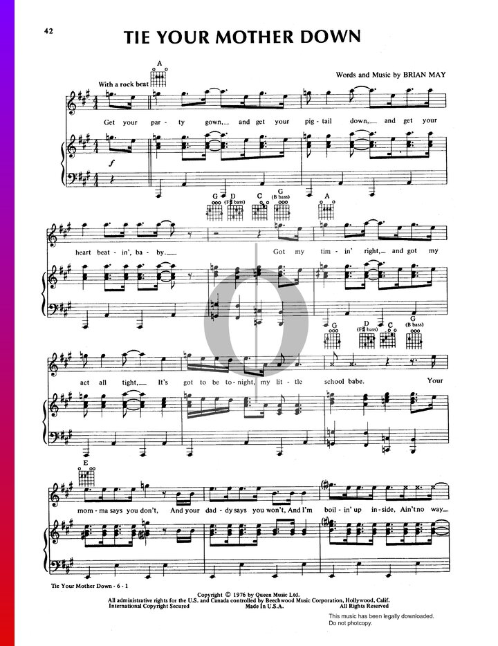 Tie Your Mother Down (Queen) Piano Sheet Music OKTAV