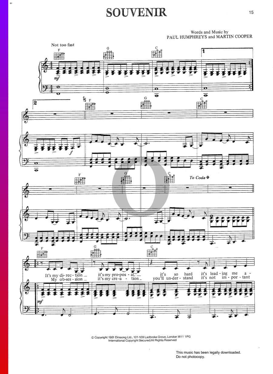 Souvenir (Orchestral Manoeuvres in the Dark) Piano Sheet Music - OKTAV