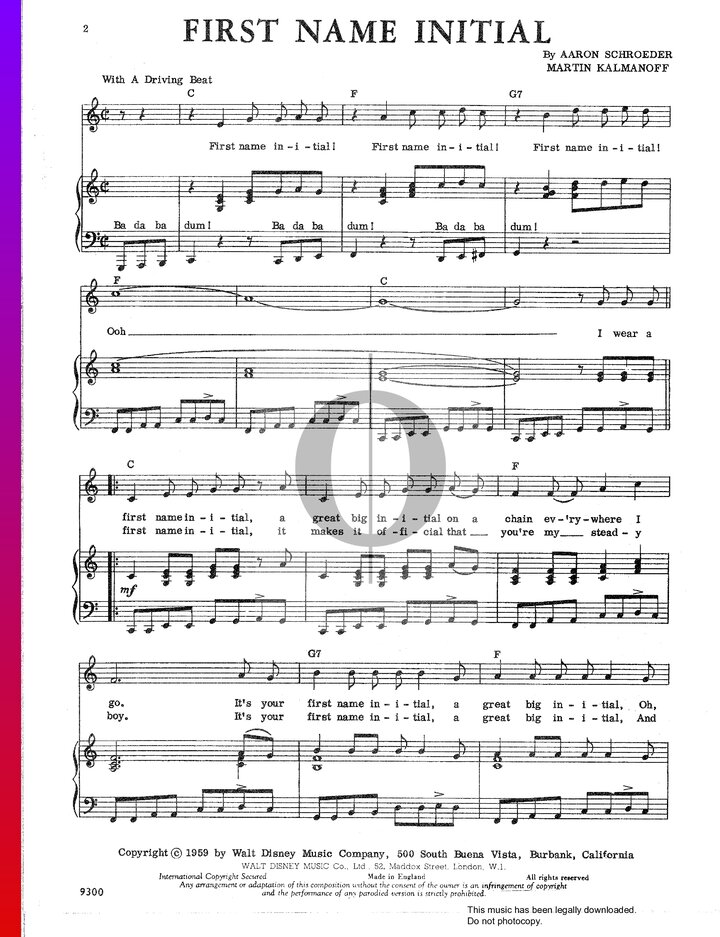 First name initial sheet music piano voice oktav