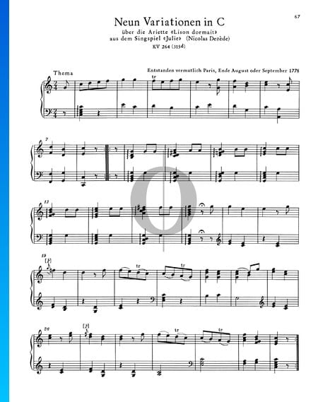 9 variaciones en do mayor, KV 264 (315d) Partitura