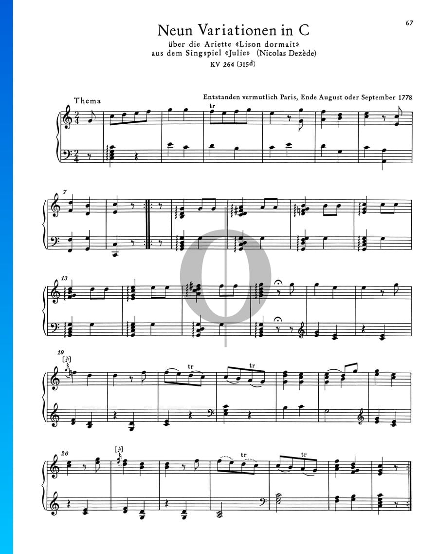 9 Variations in C Major, KV 264 (315d) (Wolfgang Amadeus Mozart) Piano ...