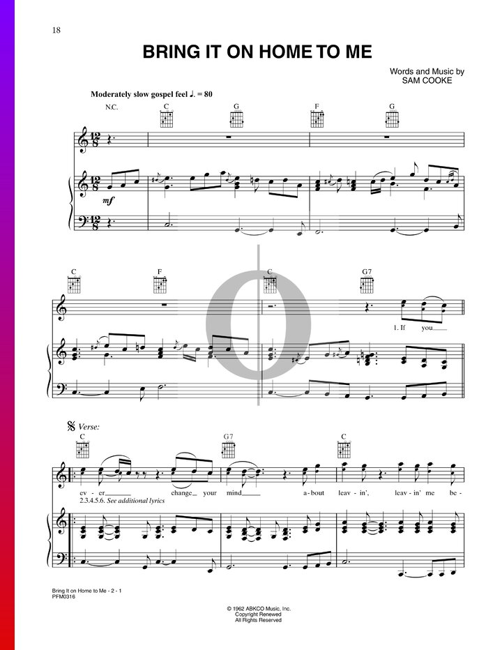 Bring It On Home To Me (Sam Cooke) Piano Sheet Music - OKTAV