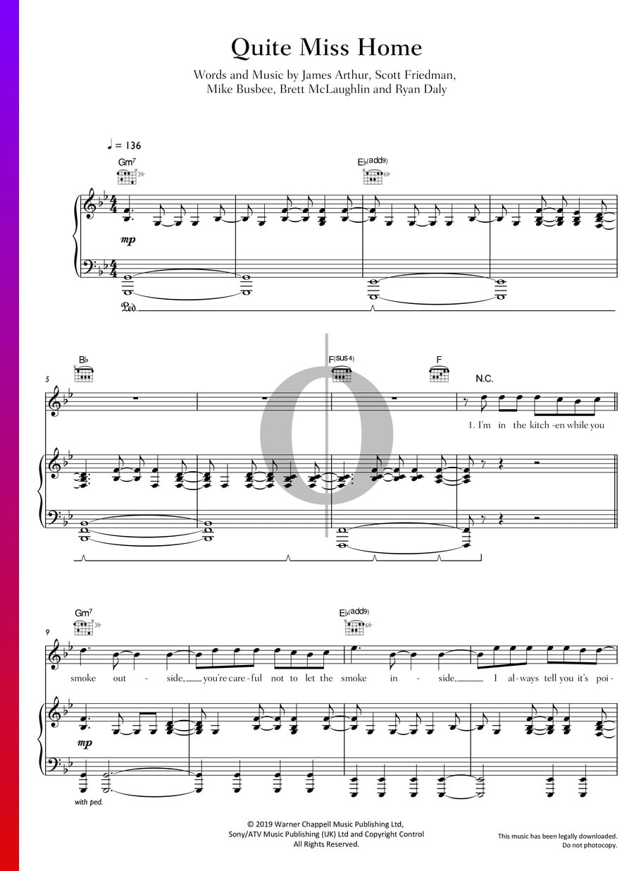 Quite Miss Home (James Arthur) Piano Sheet Music - OKTAV