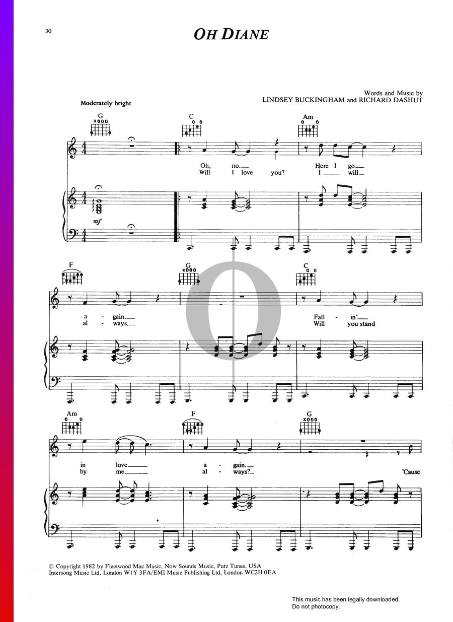 Oh Diane (Fleetwood Mac) Piano Sheet Music - OKTAV