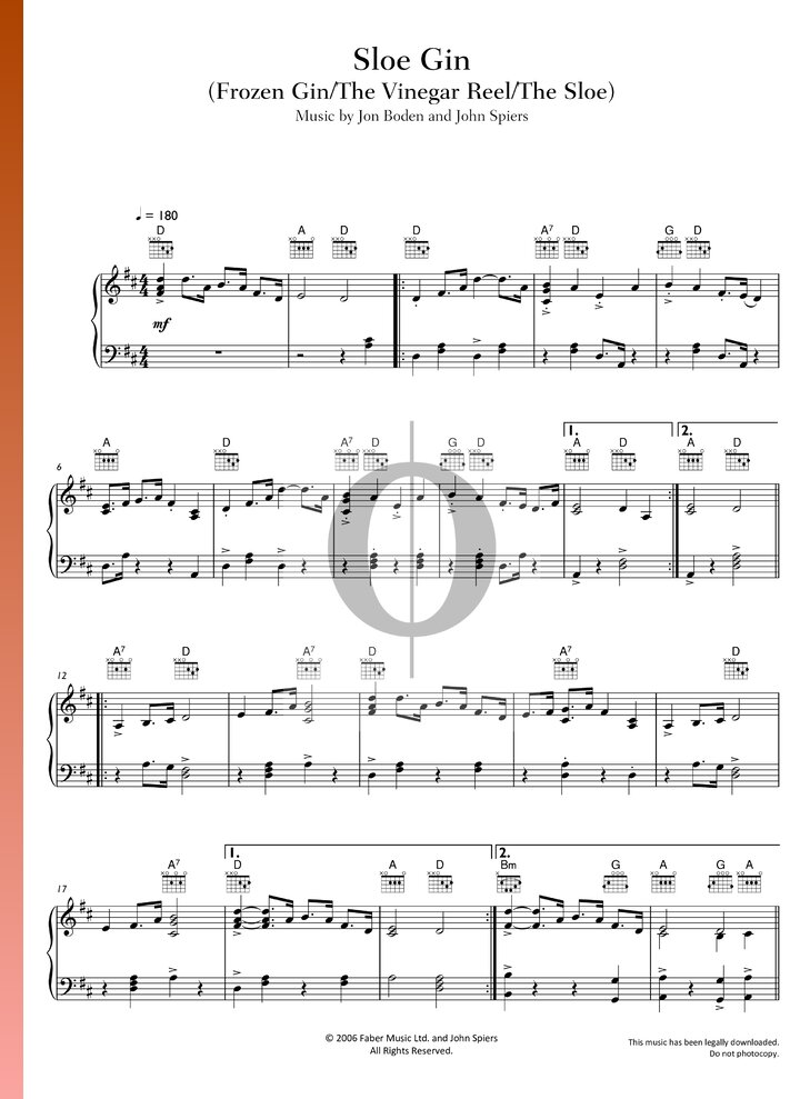 Sloe Gin (Bellowhead) Piano Sheet Music OKTAV