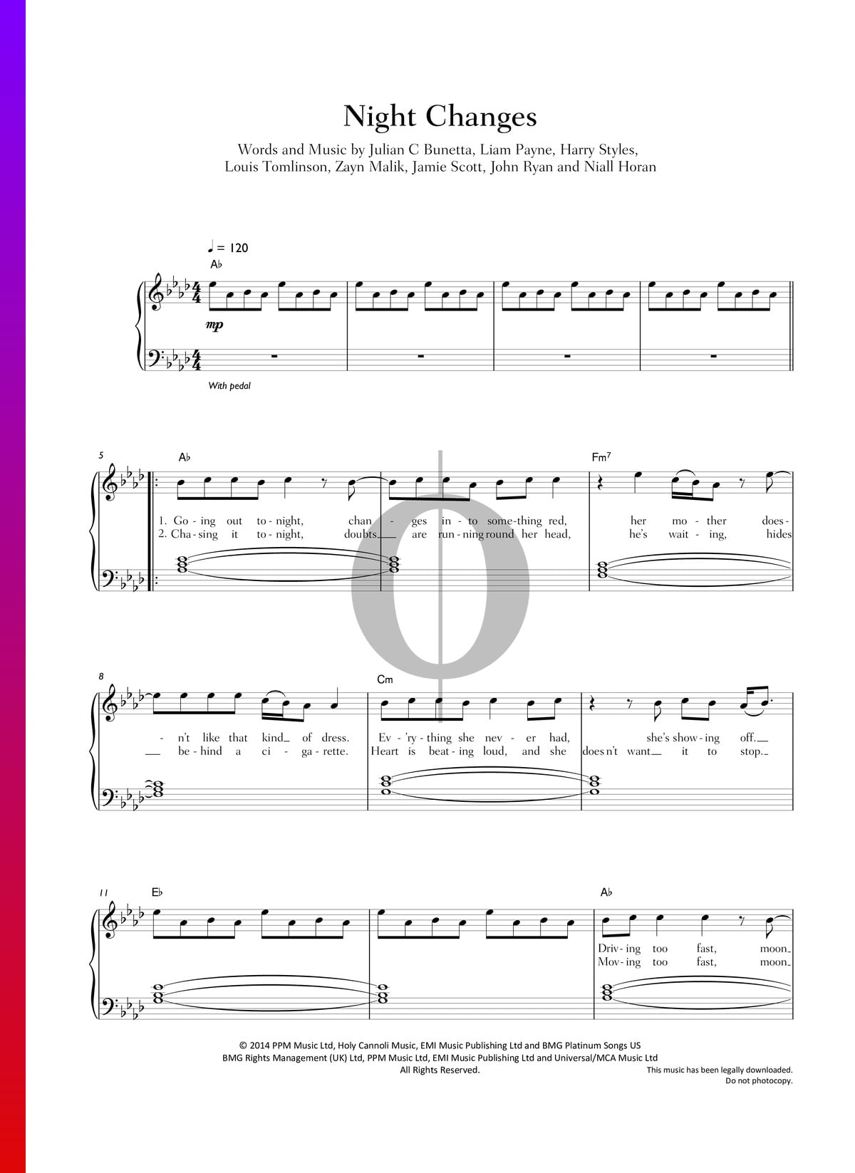 Night Changes sheet music for piano solo (PDF-interactive)