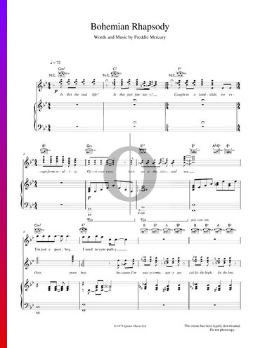traje lava biología Bohemian Rhapsody Partitura » Queen (Piano, Guitarra, Voz) | Descarga PDF -  OKTAV
