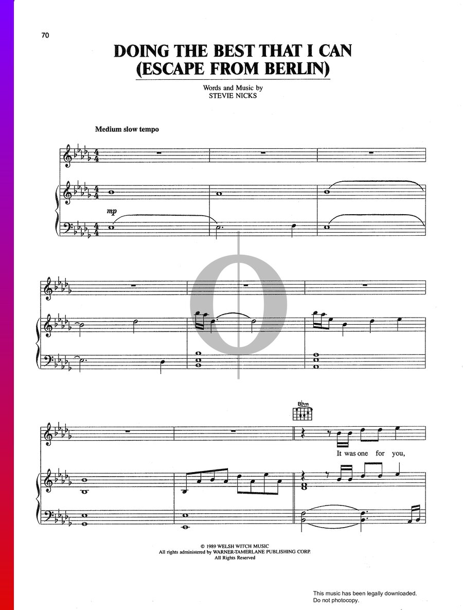 Doing The Best That I Can Escape From Berlin Stevie Nicks Piano Sheet Music Oktav 