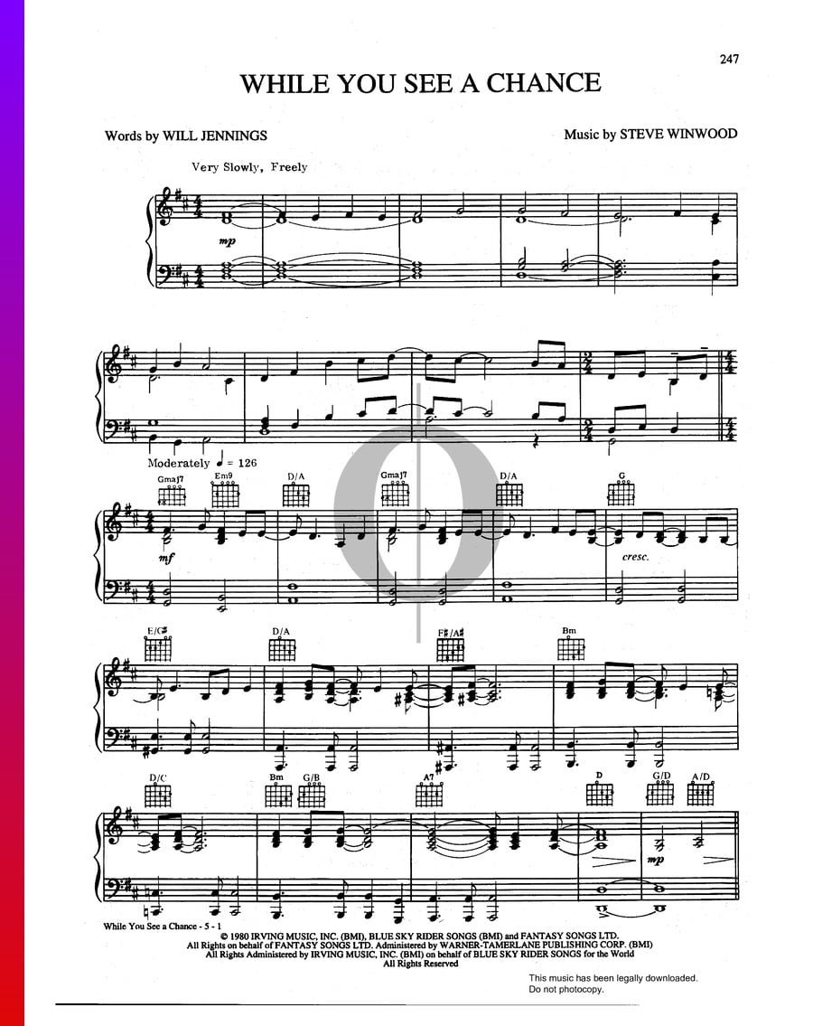 While You See A Chance (Steve Winwood) Piano Sheet Music - OKTAV