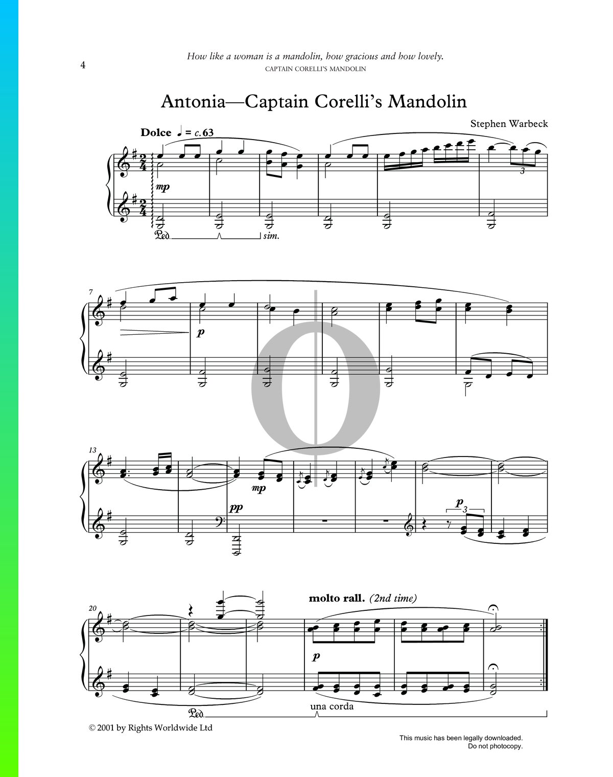 Antonia (Captain Corelli's Mandolin) Piano Sheet Music from Captain