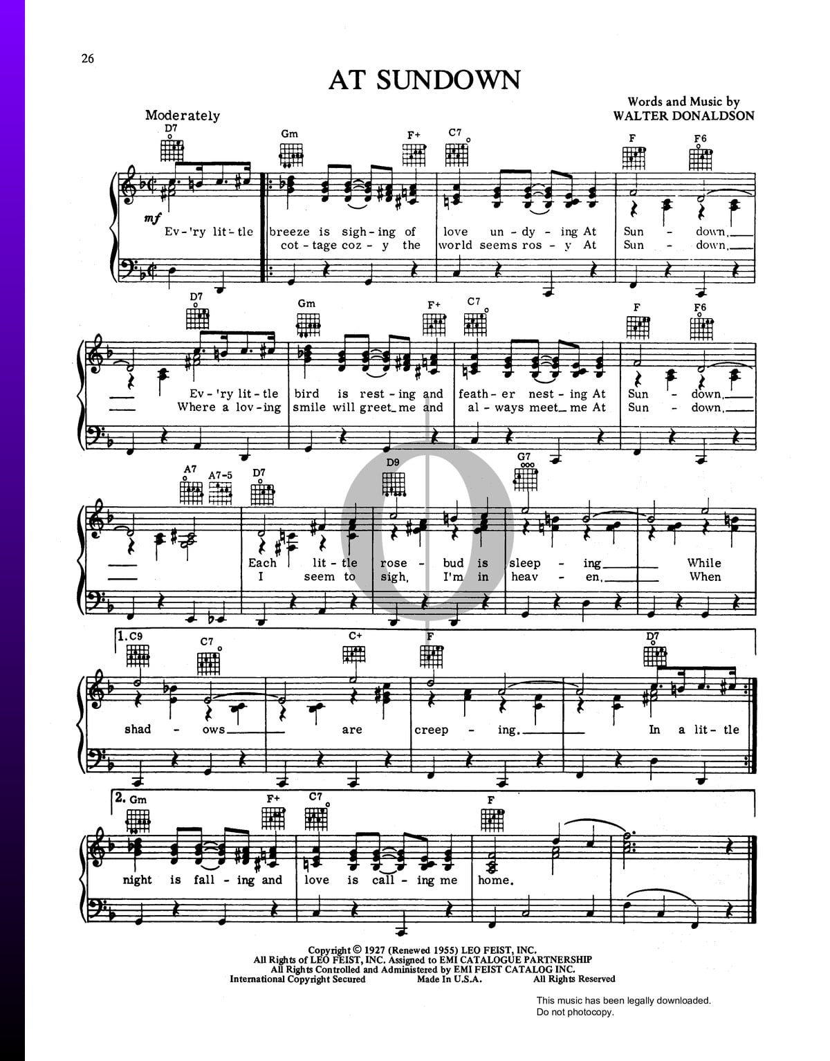 At Sundown (Walter Donaldson) Piano Sheet Music OKTAV