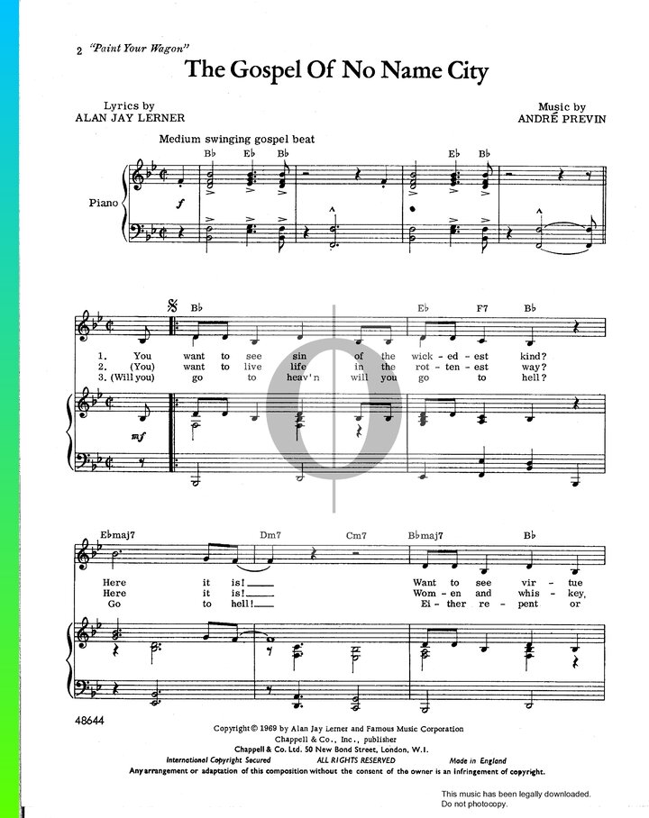 The Gospel Of No Name City Piano Sheet Music from Paint Your Wagon by